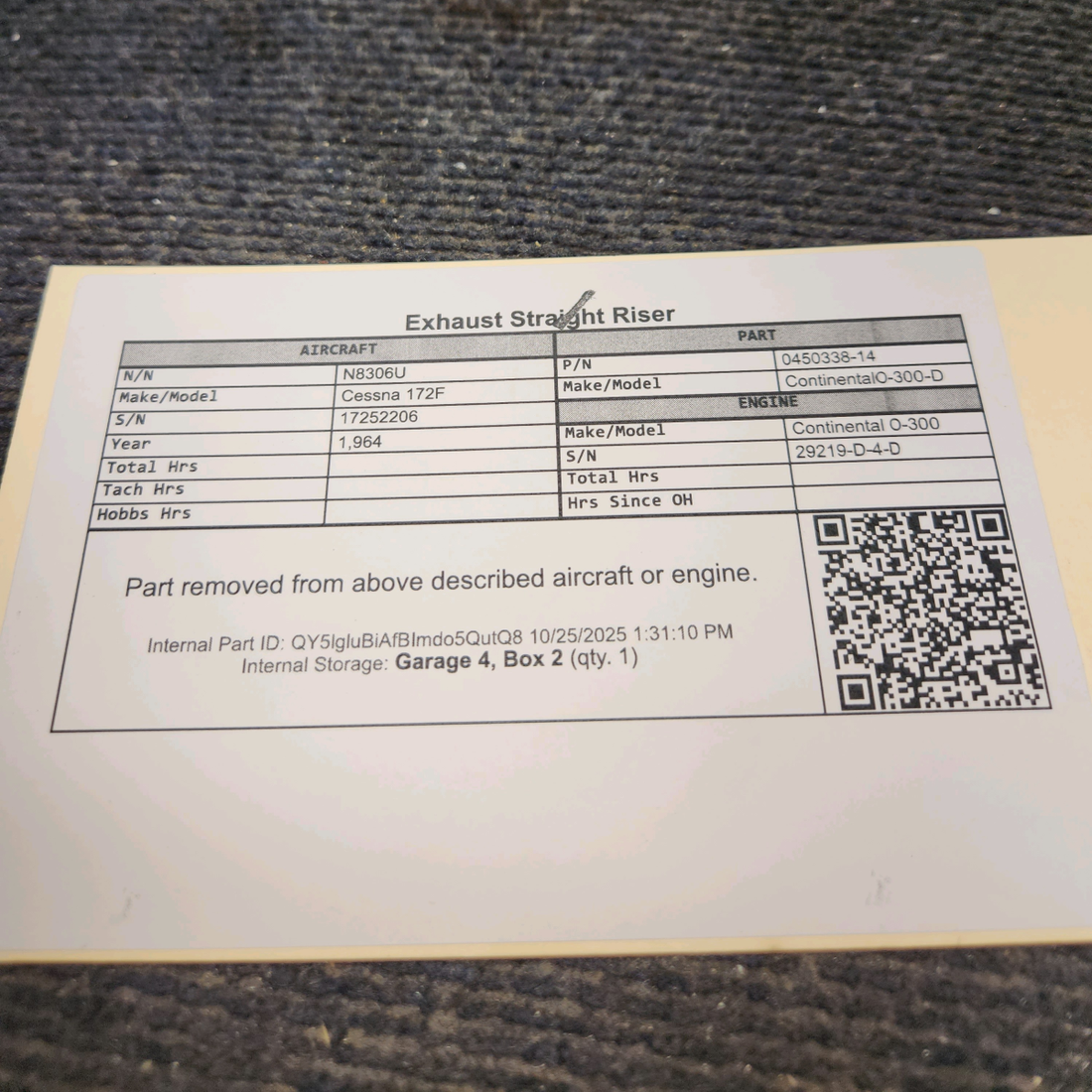 Used aircraft parts for sale, 0450338-14 Continental O-300-D Cessna 172F Exhaust Straight Riser