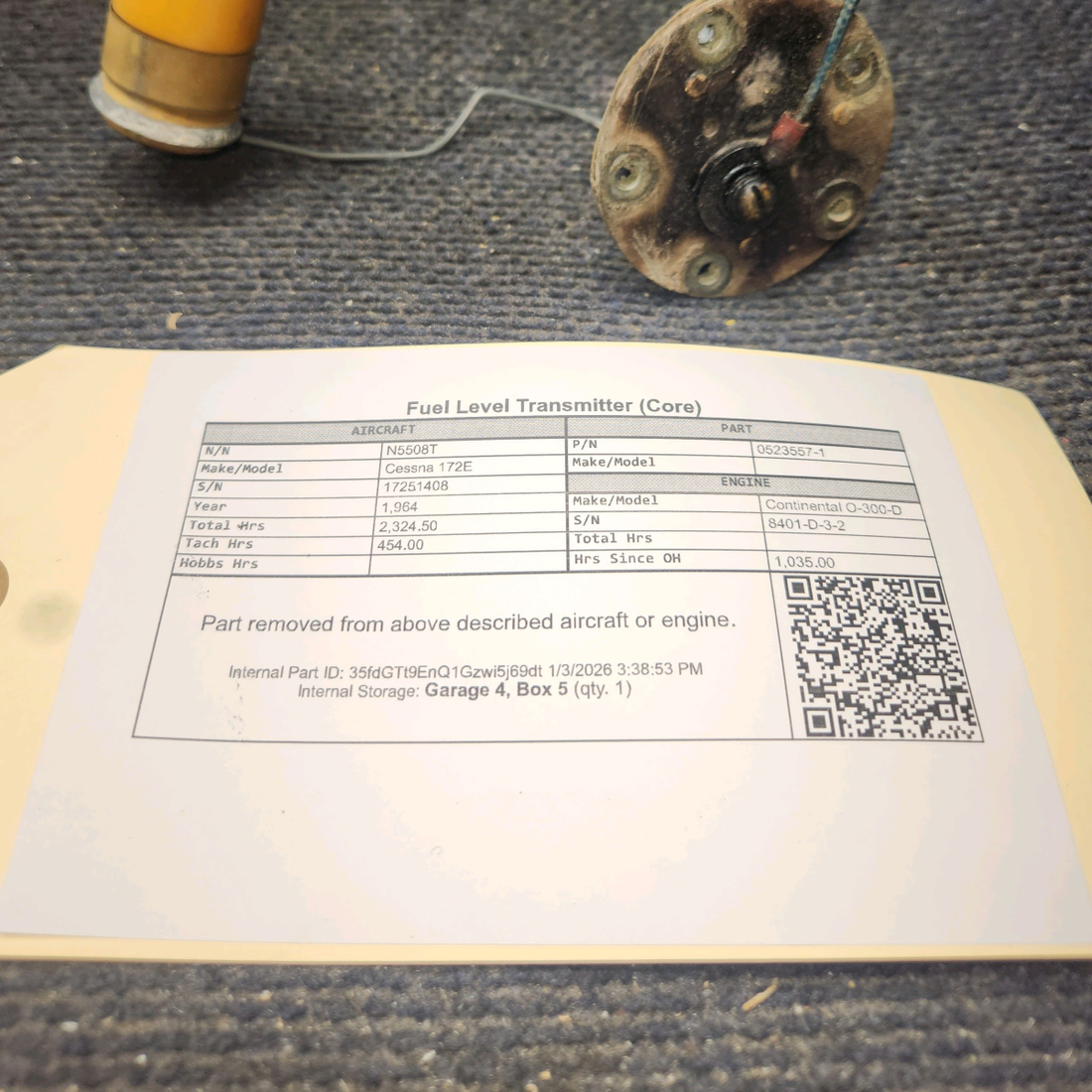 Used aircraft parts for sale, 0523557-1 Cessna 172E Fuel Level Transmitter (Core)