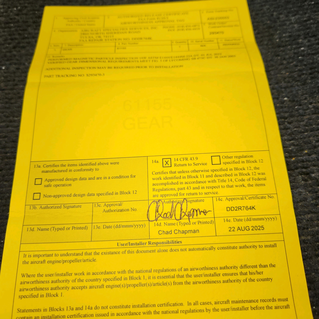 Used aircraft parts for sale, 61155 Lycoming O-320 Piper PA28-140 Crankshaft Gear with 8130-1