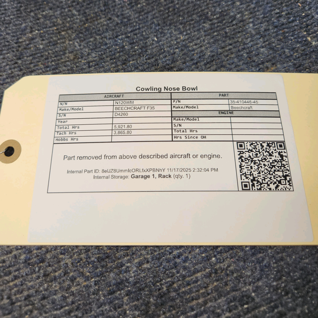 Used aircraft parts for sale, 35-410446-45 Beechcraft F35 Cowling Nose Bowl