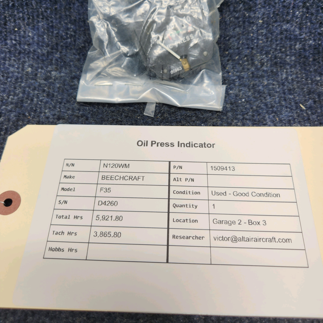 Used aircraft parts for sale, 1509413 BEECHCRAFT F35 OIL PRESS INDICATOR