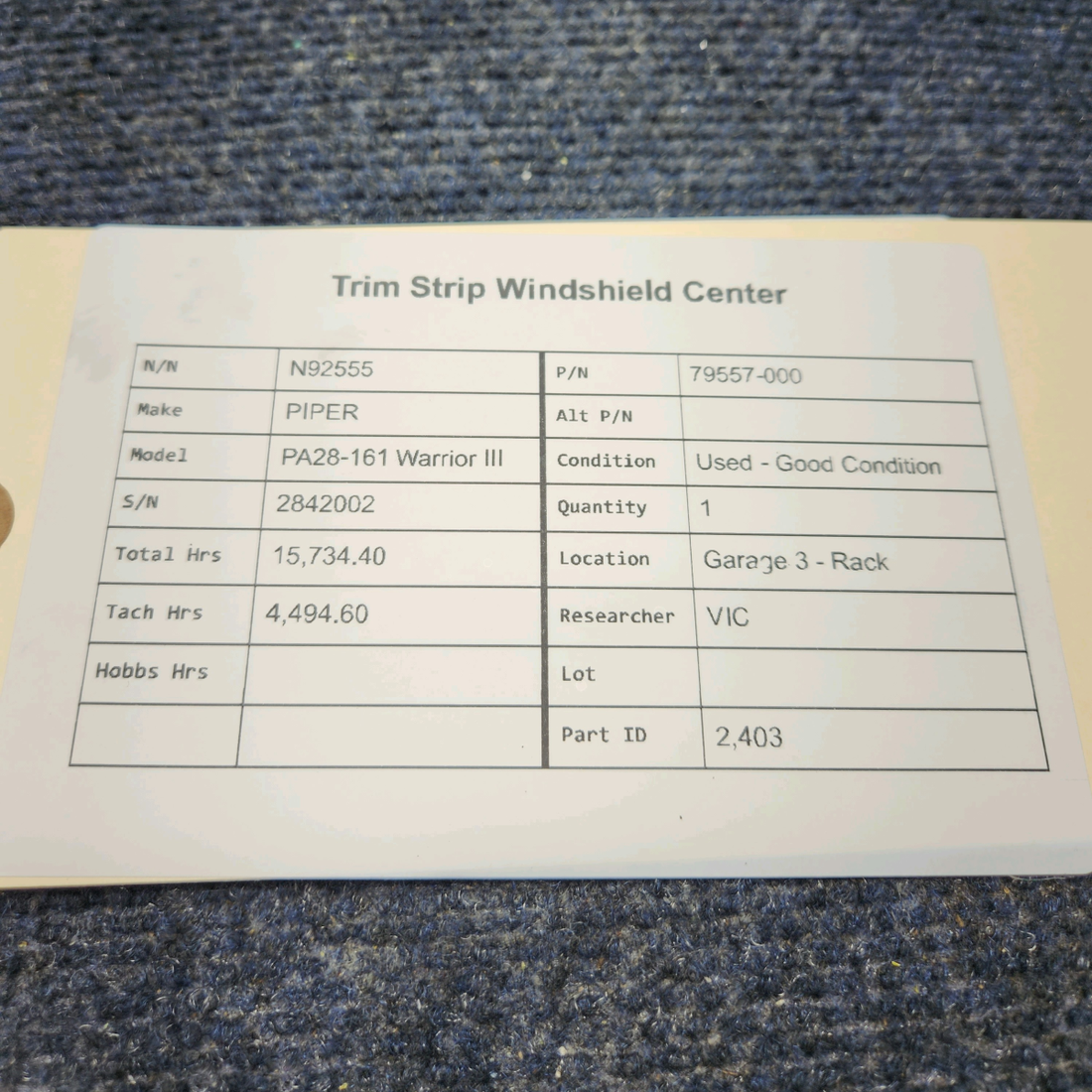 Used aircraft parts for sale, 79557-000 PIPER PA28-161 Warrior III TRIM STRIP WINDSHIELD CENTER