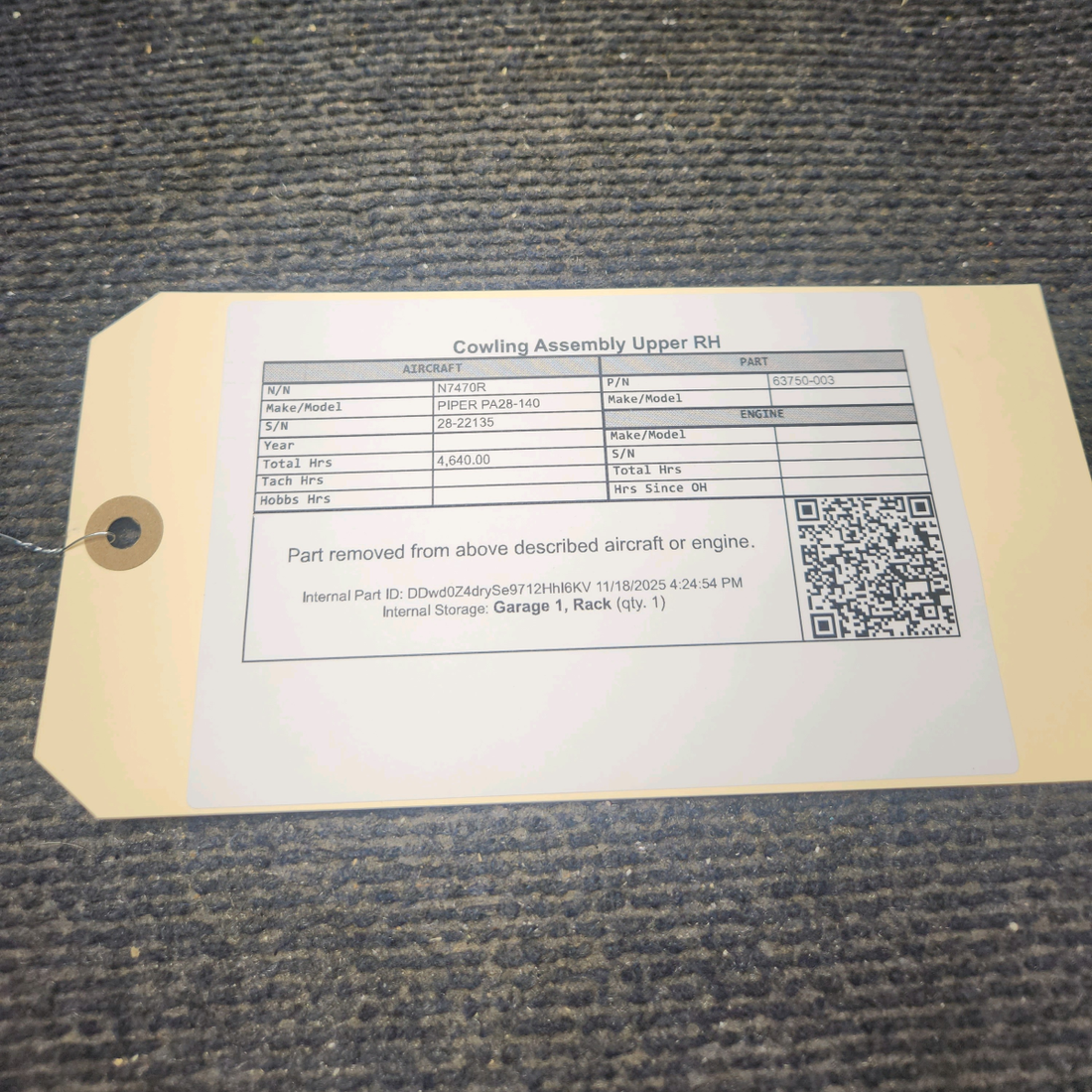 Used aircraft parts for sale, 63750-003 Piper PA28-140 Upper Cowling Assembly - RH