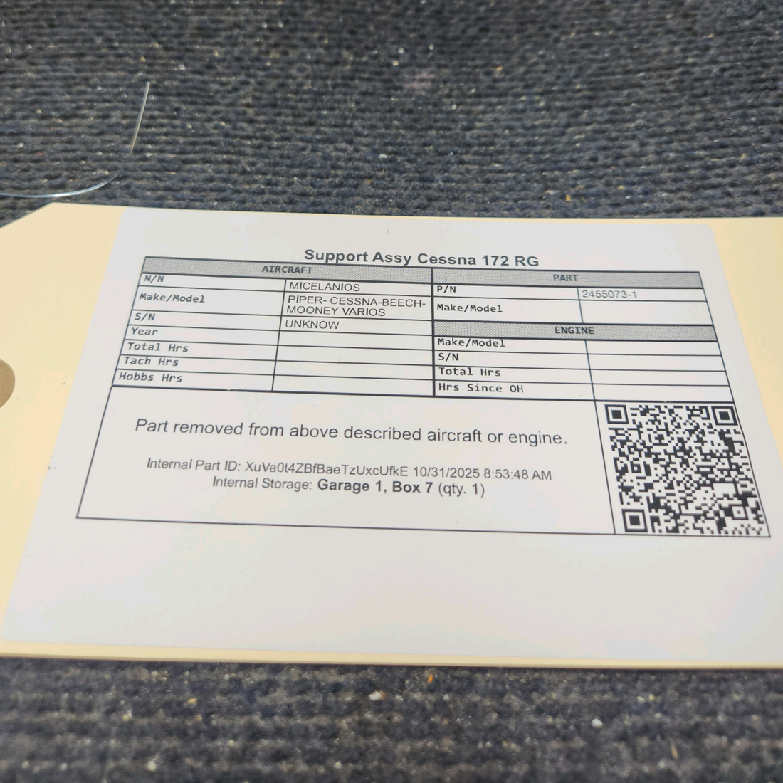 Used aircraft parts for sale, 2455073-1 Cessna 172RG Support Assy