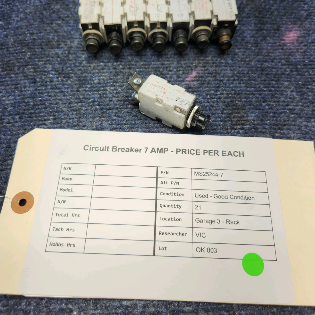 Used aircraft parts for sale, MS25244-7 Mechanical Products CIRCUIT BREAKER 7 AMP - PRICE PER EACH