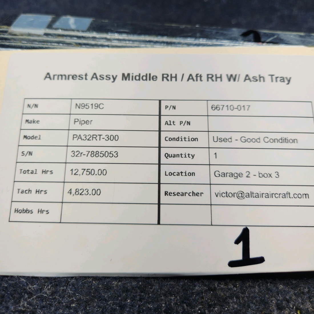 Used aircraft parts for sale, 66710-017 Piper PA32RT-300 ARMREST ASSY MIDDLE RH / AFT RH W/ ASH TRAY