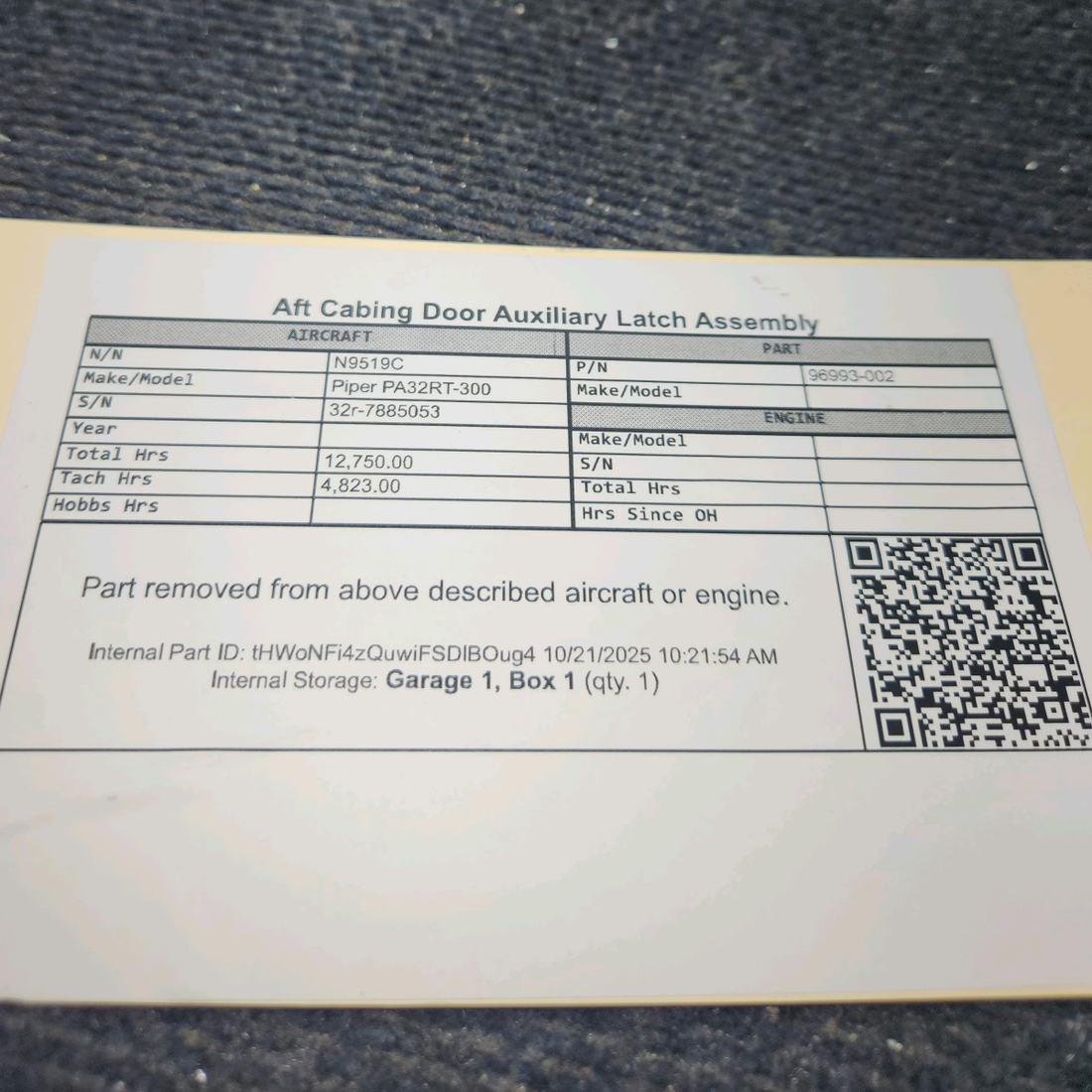 Used aircraft parts for sale, 96993-002 Piper PA32RT-300 Aft Cabin Door Auxiliary Latch Assembly