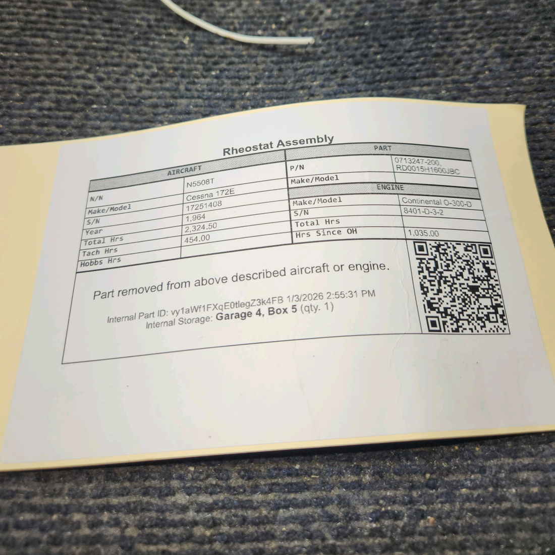 Used aircraft parts for sale, 0713247-200 Cessna 172E Rheostat Assembly
