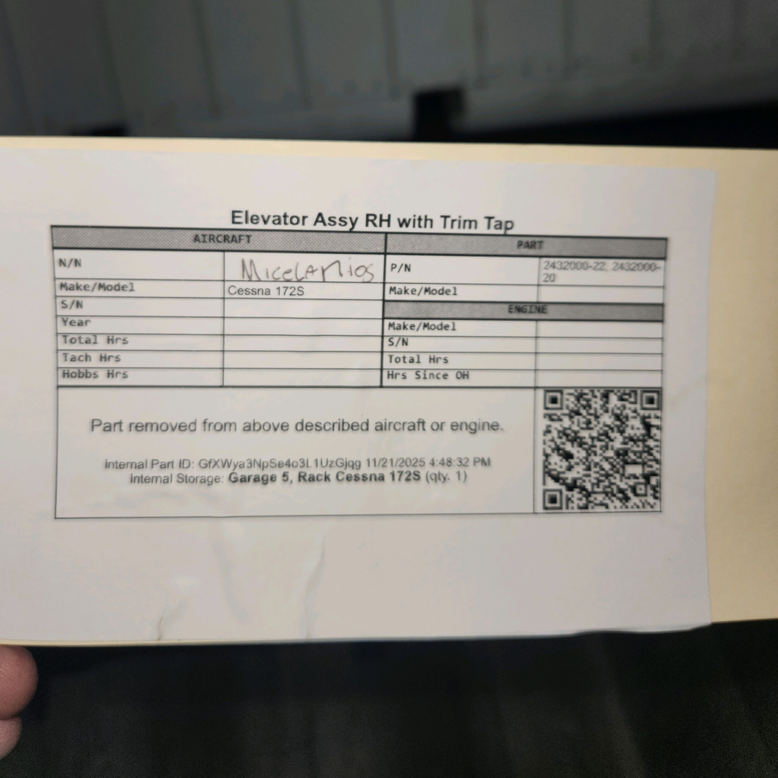 Used aircraft parts for sale, 2432000-22 Cessna 172S Elevator Assy RH with Trim Tap