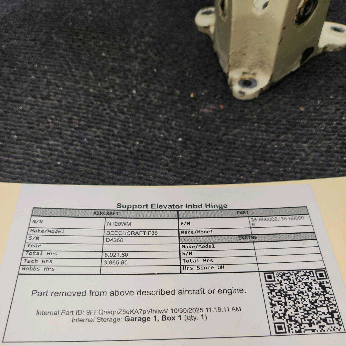 Used aircraft parts for sale, 35-600002 BEECHCRAFT F35 Inboard Elevator Hinge Support Assembly