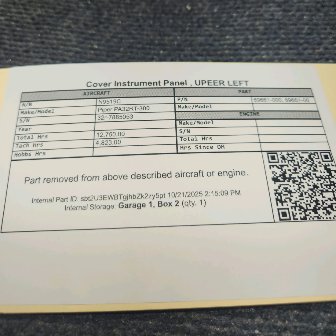 Used aircraft parts for sale, 69661-000 Piper PA32RT-300 Cover Instrument Panel , Upper Left