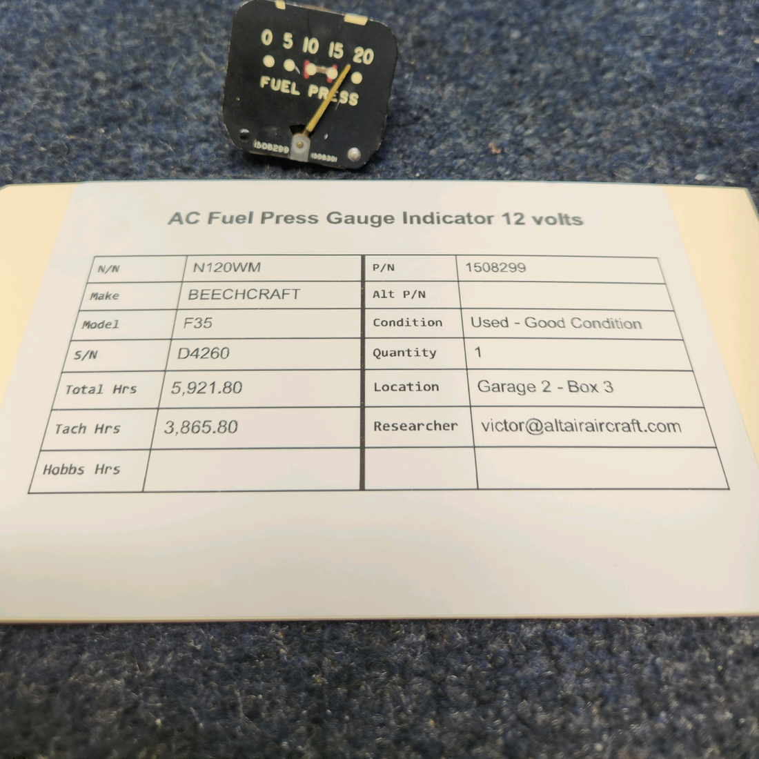 Used aircraft parts for sale, 1508299 BEECHCRAFT F35 AC FUEL PRESS GAUGE INDICATOR 12 VOLTS