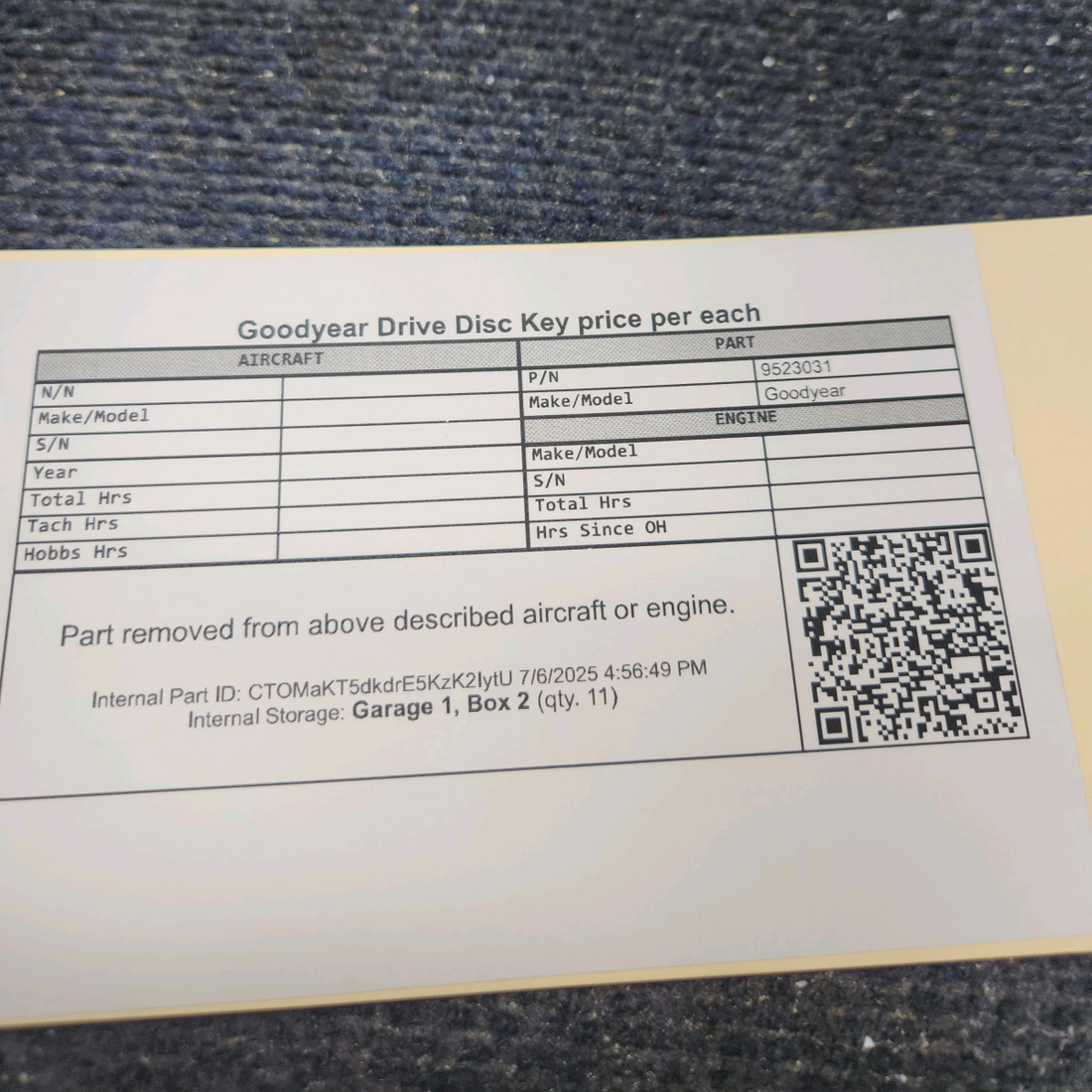 Used aircraft parts for sale, 9524804 Goodyear Brake Lining "Price per Each"
