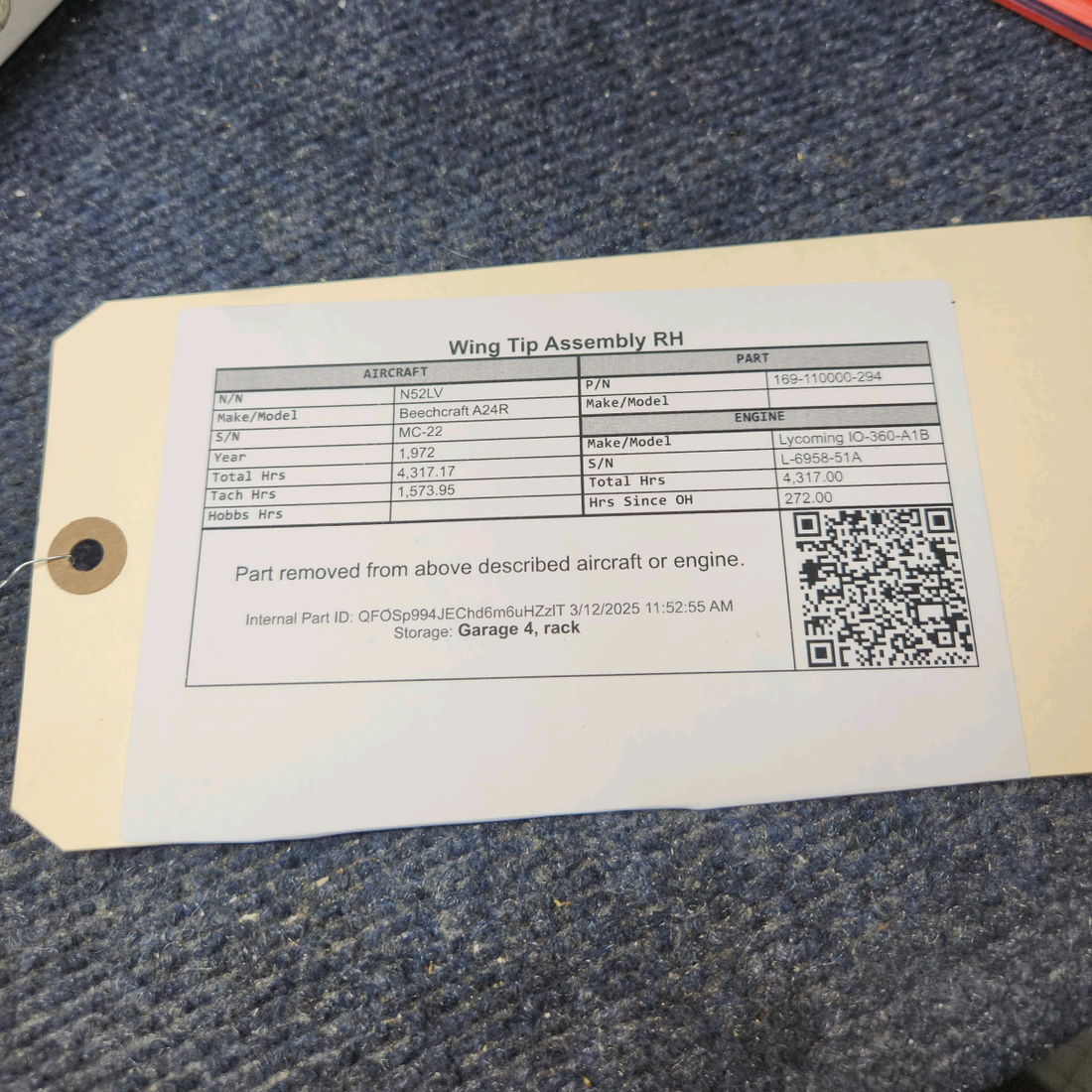 Used aircraft parts for sale, 169-110000-294 Beechcraft A24R Wing Tip Assembly RH