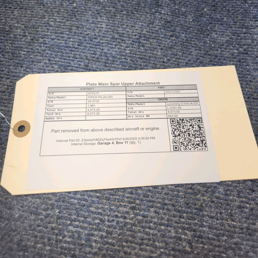 Used aircraft parts for sale, 20313-000 PIPER PA-24-250 Plate Main Spar Upper Attachment