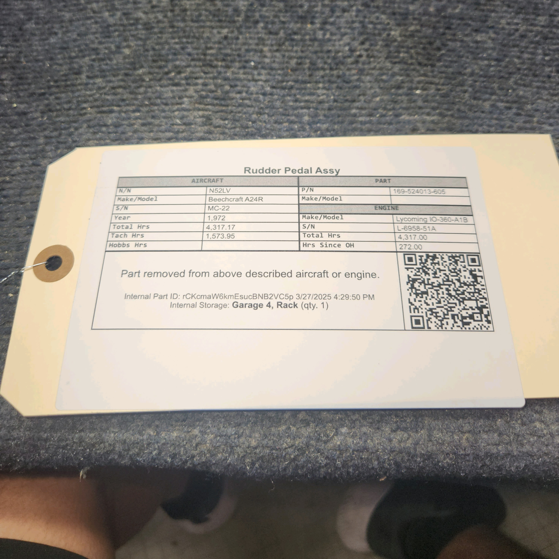 Used aircraft parts for sale, 169-524013-605 Beechcraft A24R Rudder Pedal Assy