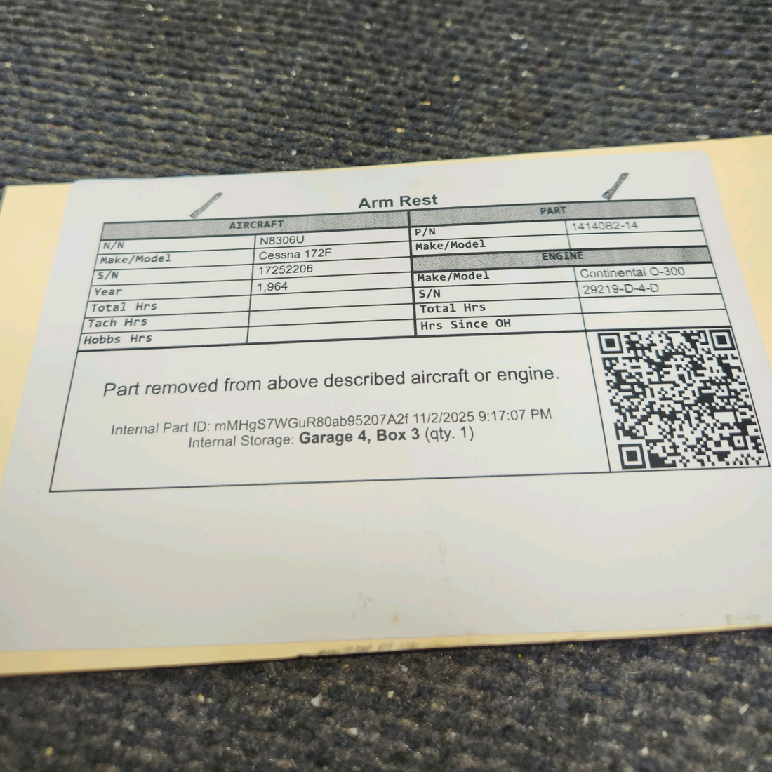 Used aircraft parts for sale, 1414082-14 Cessna 172F Arm Rest