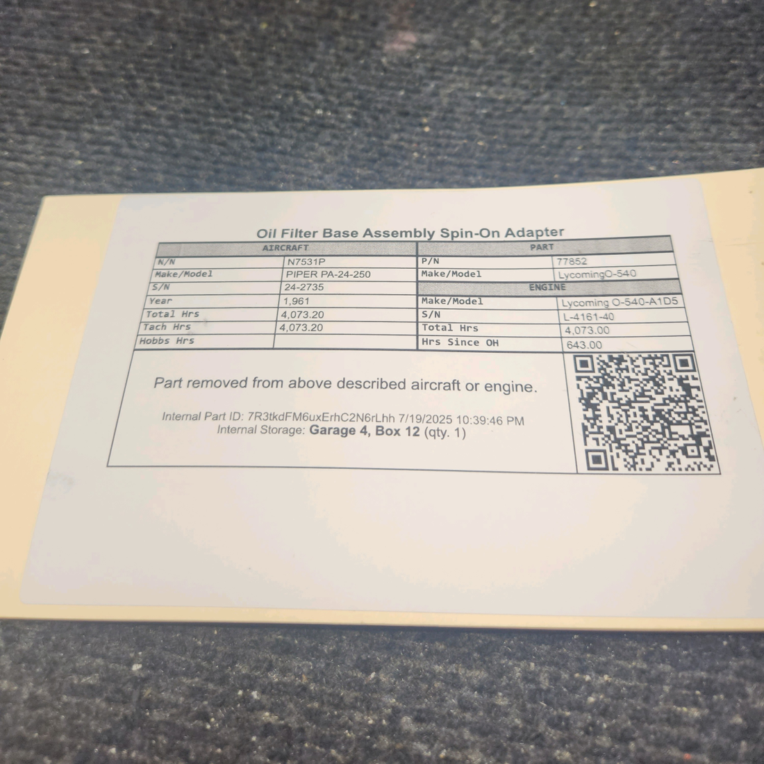 Used aircraft parts for sale, 77852 Lycoming O-540 PIPER PA-24-250 Oil Filter Base Assembly – Spin-On Adapter