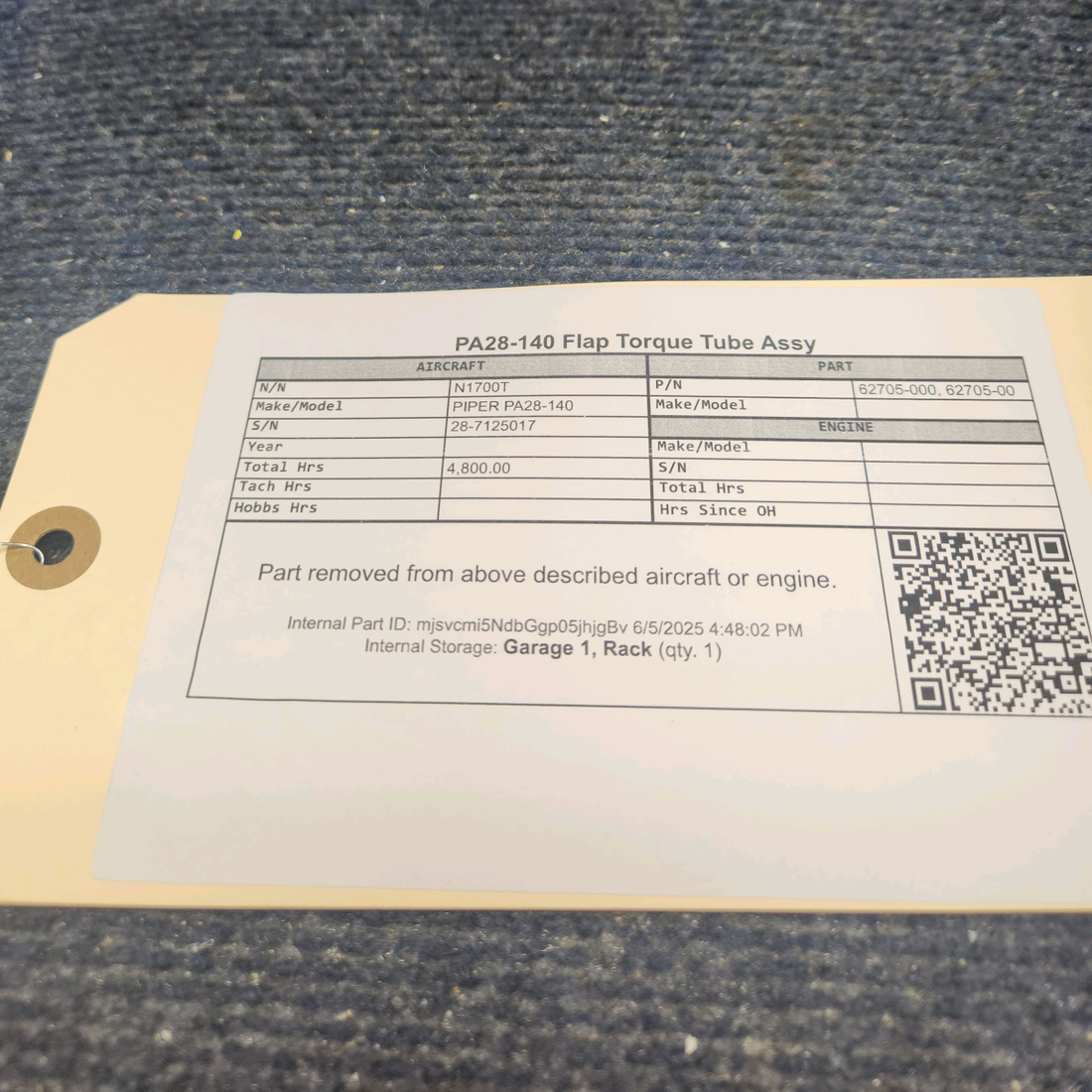 Used aircraft parts for sale, 62705-000 PIPER PA28-140 Flap Torque Tube Assy