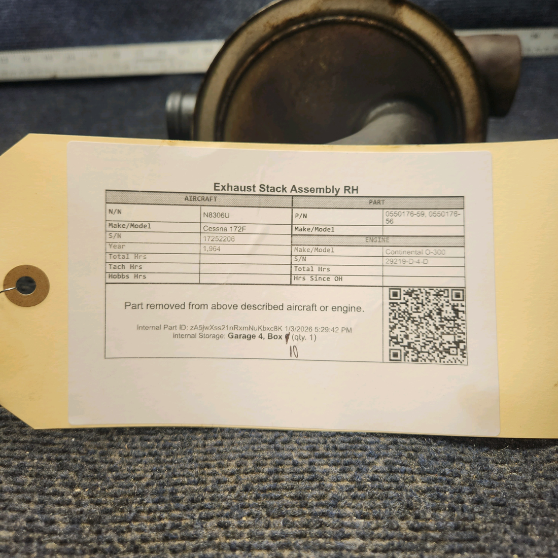 Used aircraft parts for sale, 0550176-56 Cessna 172F Exhaust Stack Assembly RH