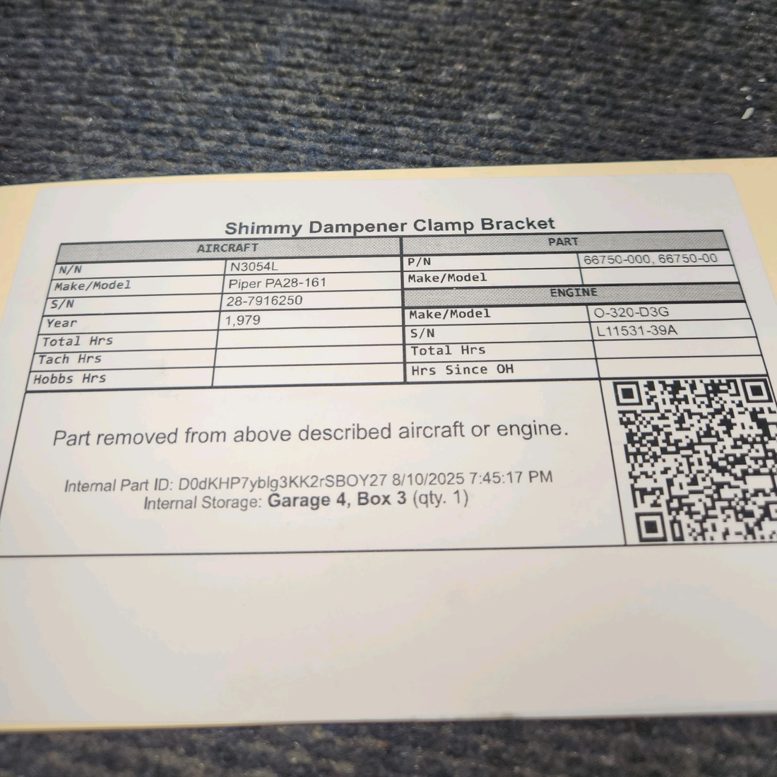 Used aircraft parts for sale, 66750-000 Piper PA28-161 Shimmy Dampener Clamp Bracket