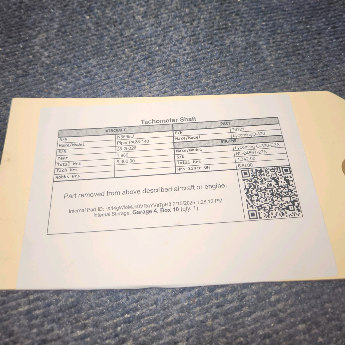 Used aircraft parts for sale, 76121 Lycoming O-320 Piper PA28-140 Tachometer Shaft