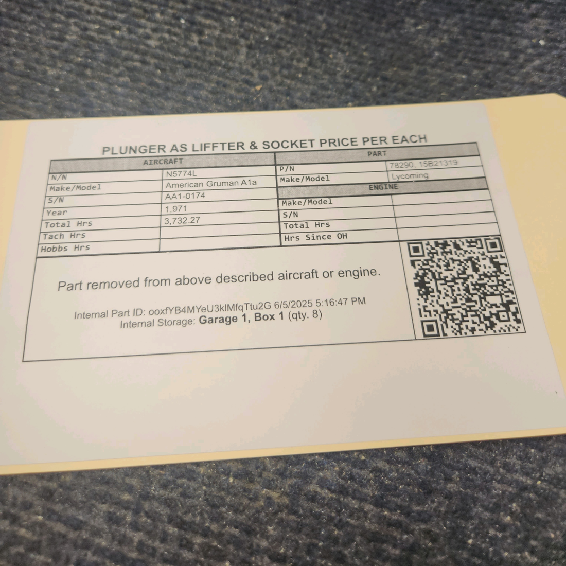 Used aircraft parts for sale, 78290 Lycoming O-320 American Gruman A1A Plunger Hydraulic lifters PRICE PER EACH