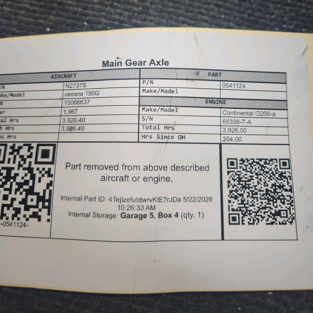 Used aircraft parts for sale, 0541124 cessna 150G Main Gear Axle