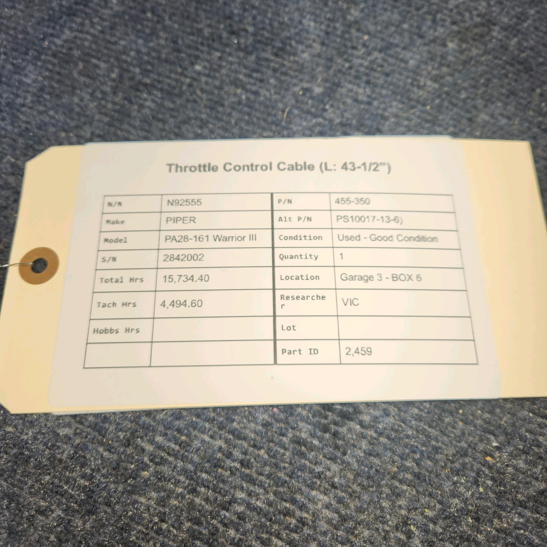 Used aircraft parts for sale, 455-350 PIPER PA28-161 Warrior III THROTTLE CONTROL CABLE (L: 43-1/2”)