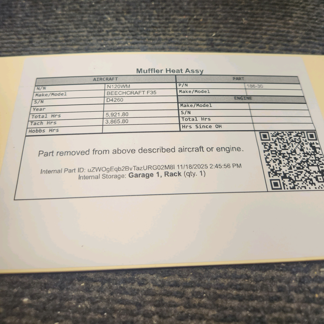 Used aircraft parts for sale, 186-30 Beechcraft F35 Muffler Heat Assy