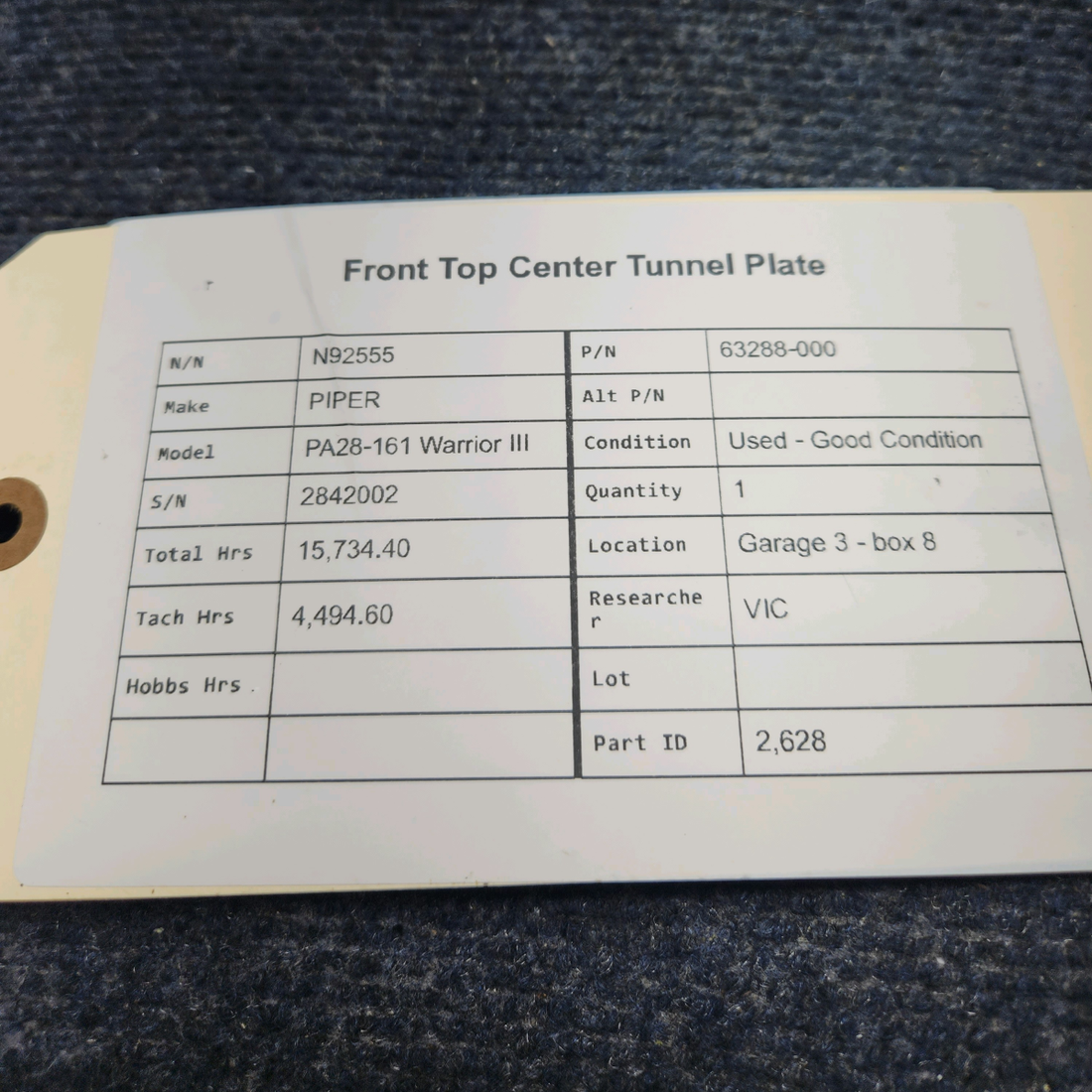 Used aircraft parts for sale, 63288-000 PIPER PA28-161 Warrior III FRONT TOP CENTER TUNNEL PLATE