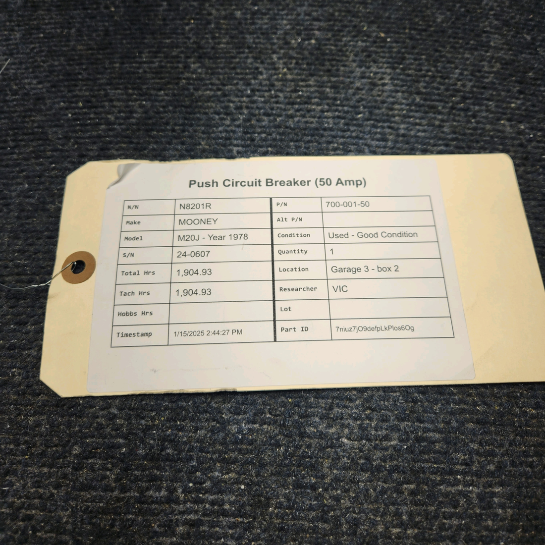 Used aircraft parts for sale, 700-001-50 MOONEY M20J PUSH CIRCUIT BREAKER (50 AMP)