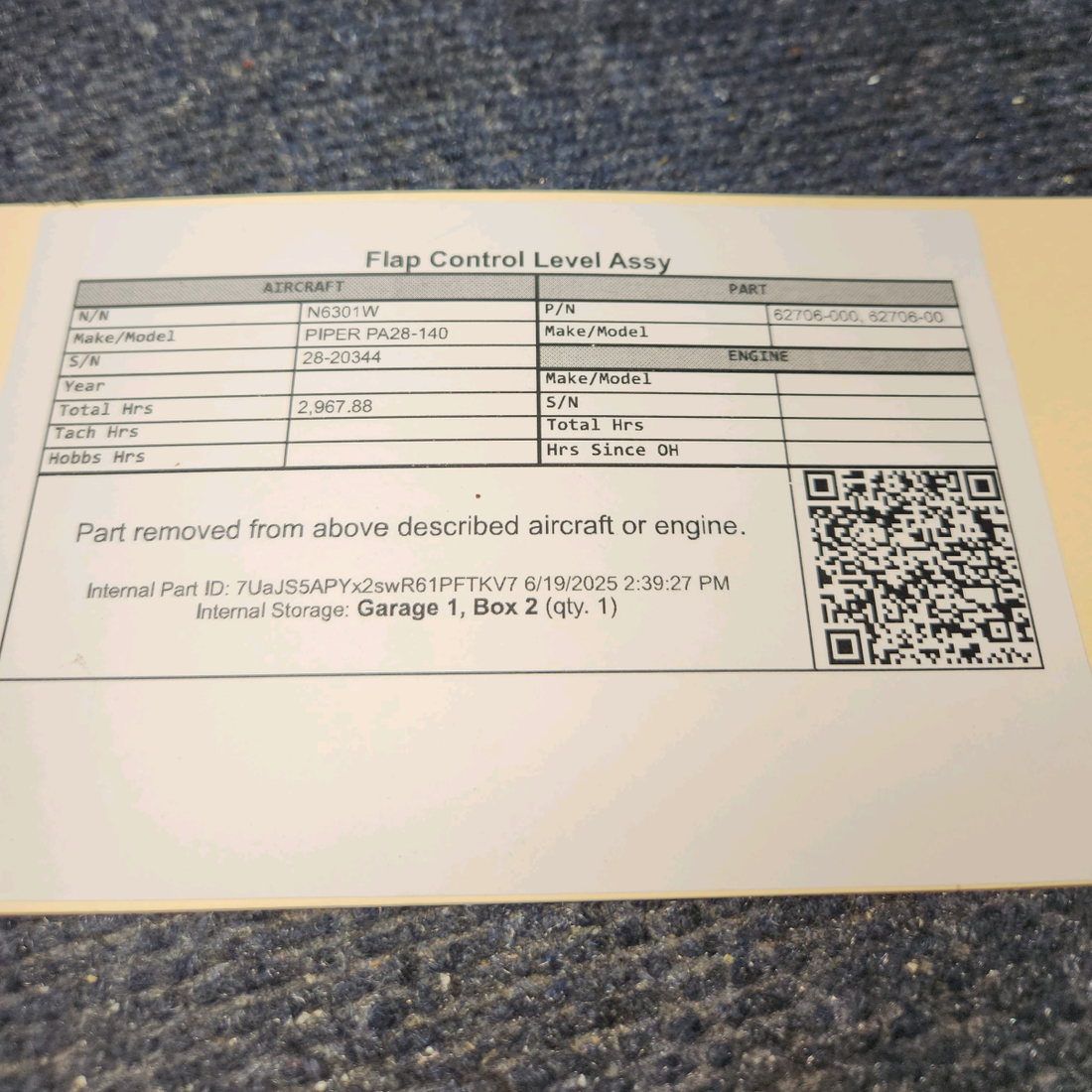 Used aircraft parts for sale, 62706-000 PIPER PA28-140 Flap Control Level Assy