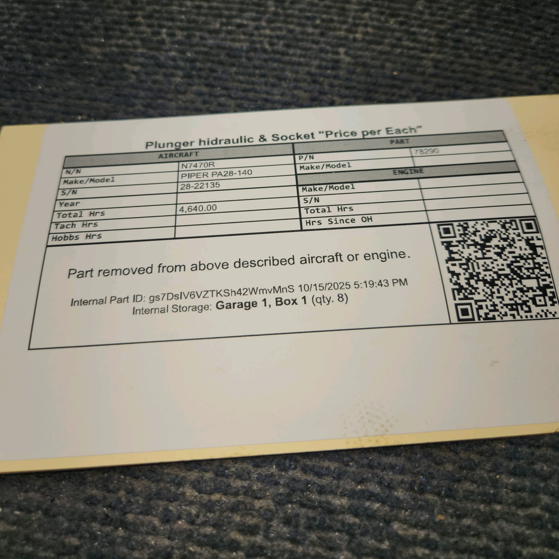 Used aircraft parts for sale, 78290, 15B21319 PIPER PA28-140 Hydraulic Plunger & Socket – Price Per Each
