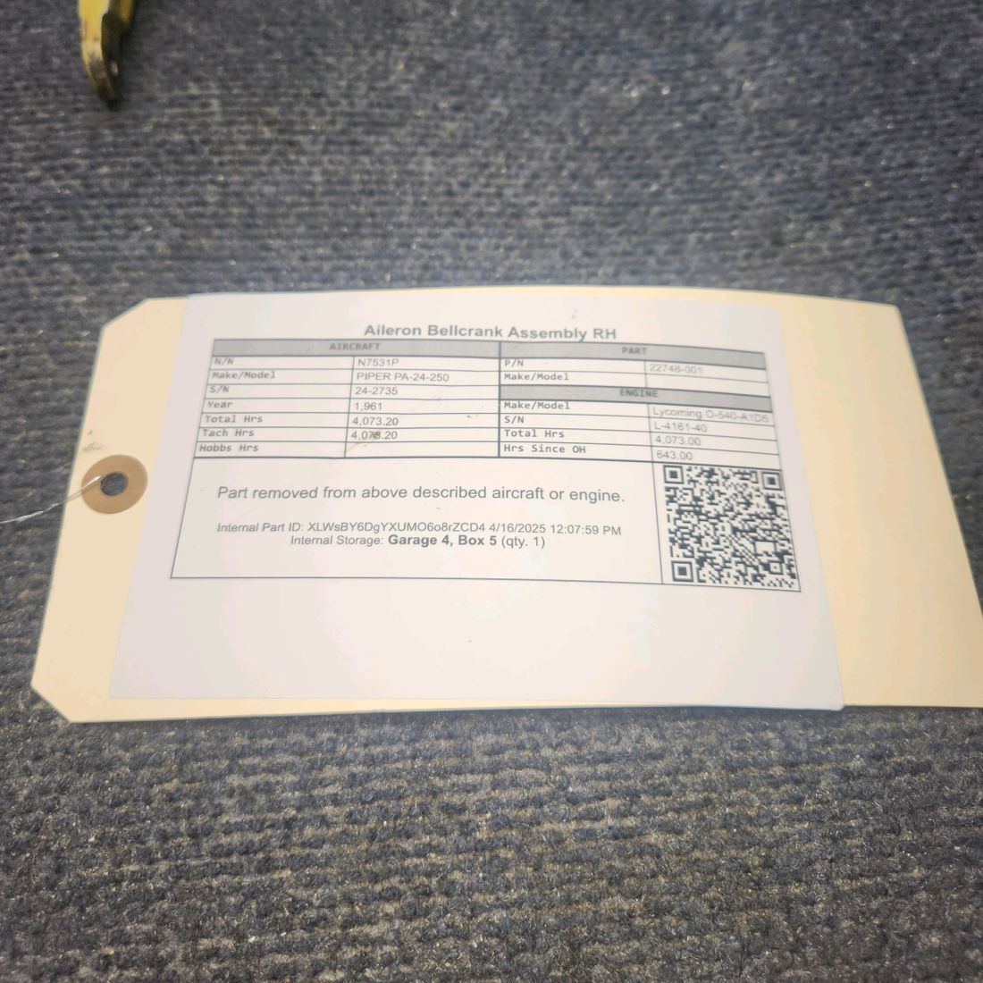 Used aircraft parts for sale, 22748-001 PIPER PA-24-250 Aileron Bellcrank Assembly RH
