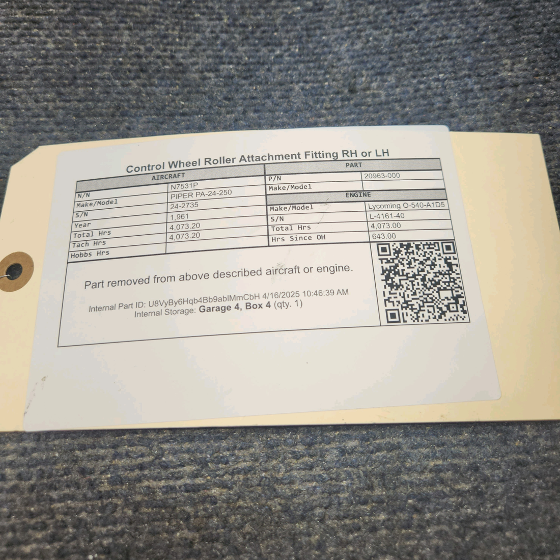 Used aircraft parts for sale, 20963-000 PIPER PA-24-250 Control Wheel Roller Attachment Fitting RH or LH