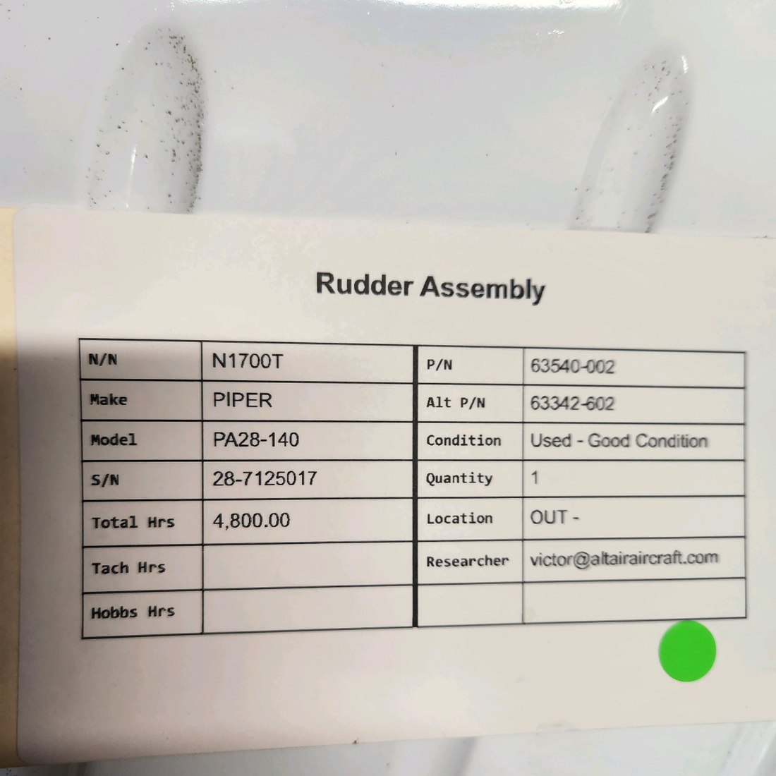 Used aircraft parts for sale, 63540-002 PIPER PA28-140 RUDDER ASSEMBLY