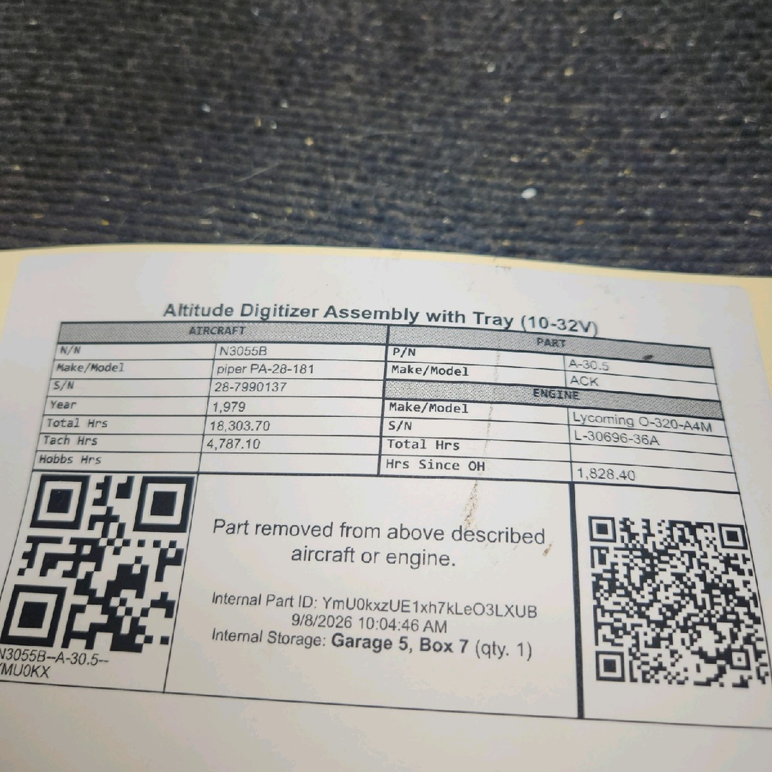 Used aircraft parts for sale, A-30.5 ACK piper PA-28-181 Altitude Encoder with Tray (10-32V)