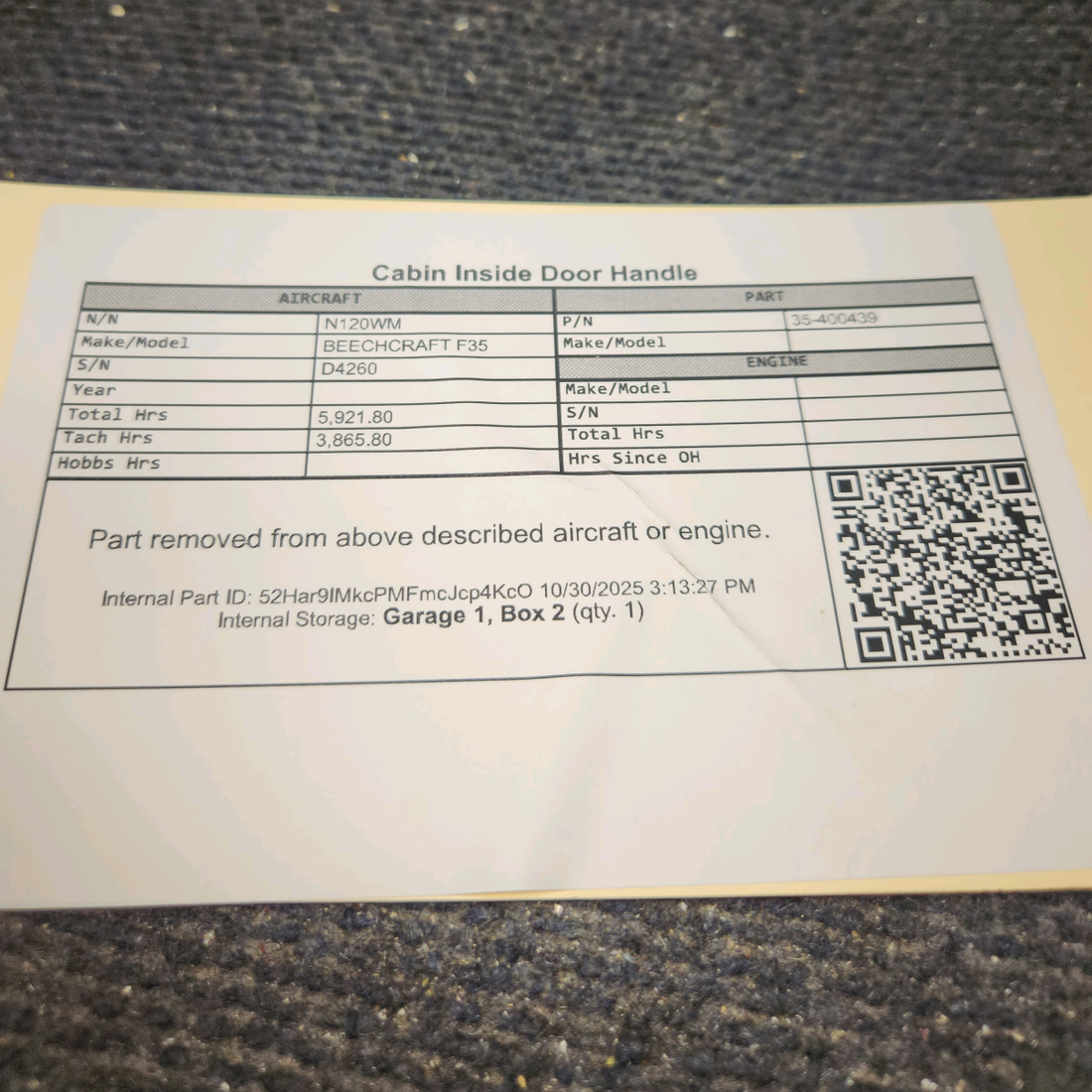 Used aircraft parts for sale, 35-400439 BEECHCRAFT F35 Cabin Interior Door Handle