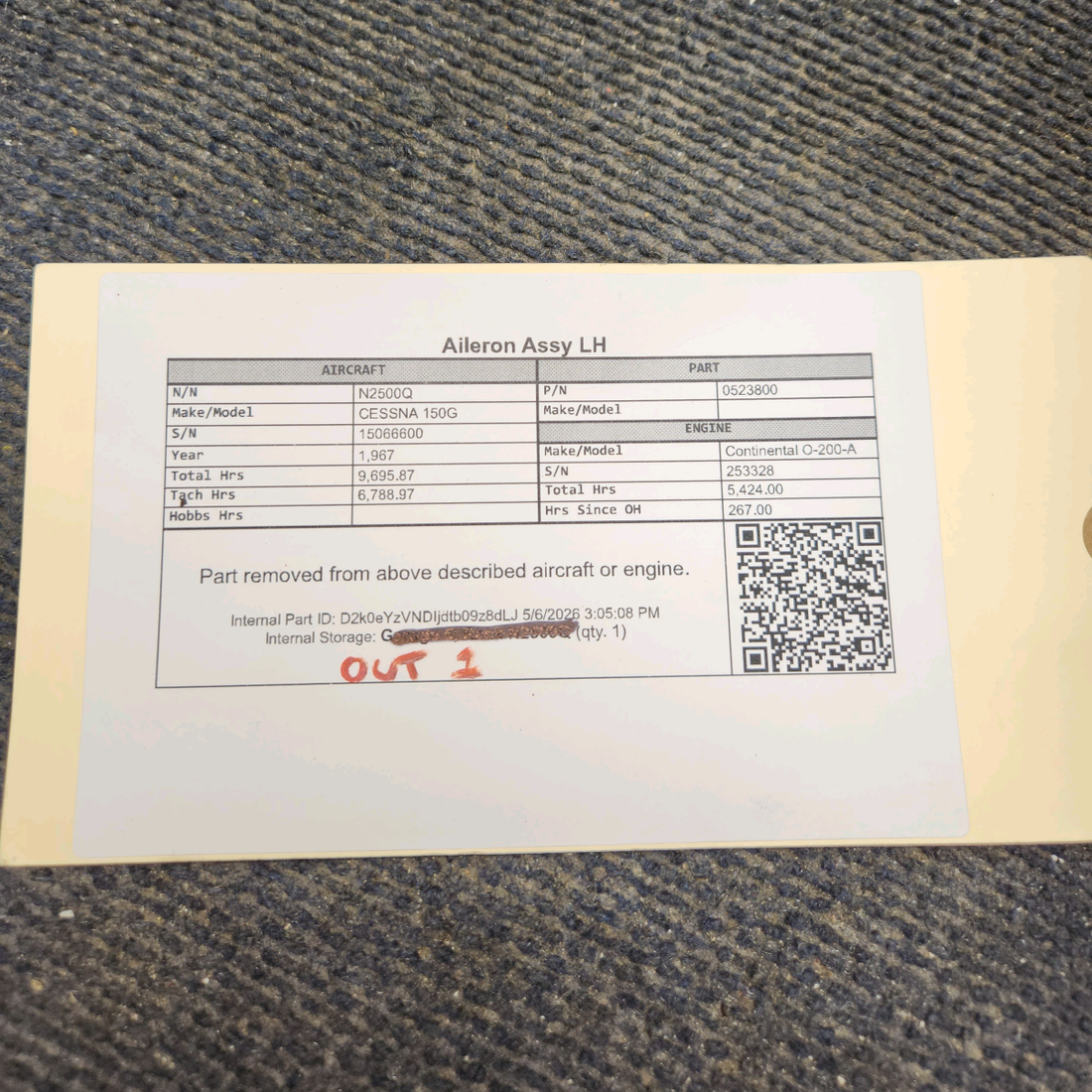 Used aircraft parts for sale, 0523800 cessna 150G Aileron Assembly – LH