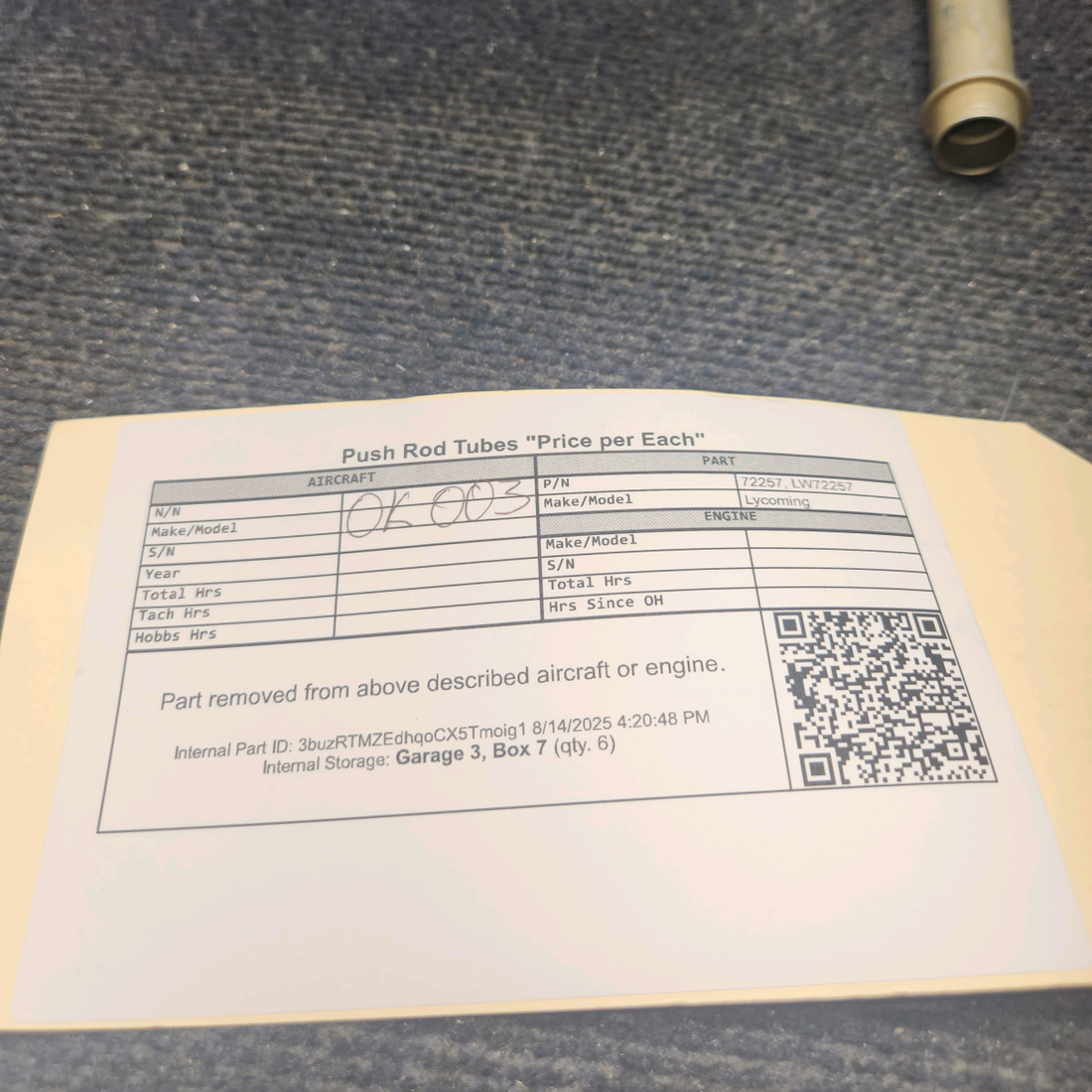 Used aircraft parts for sale, 72257 Lycoming Push Rod Tubes - Price per Each