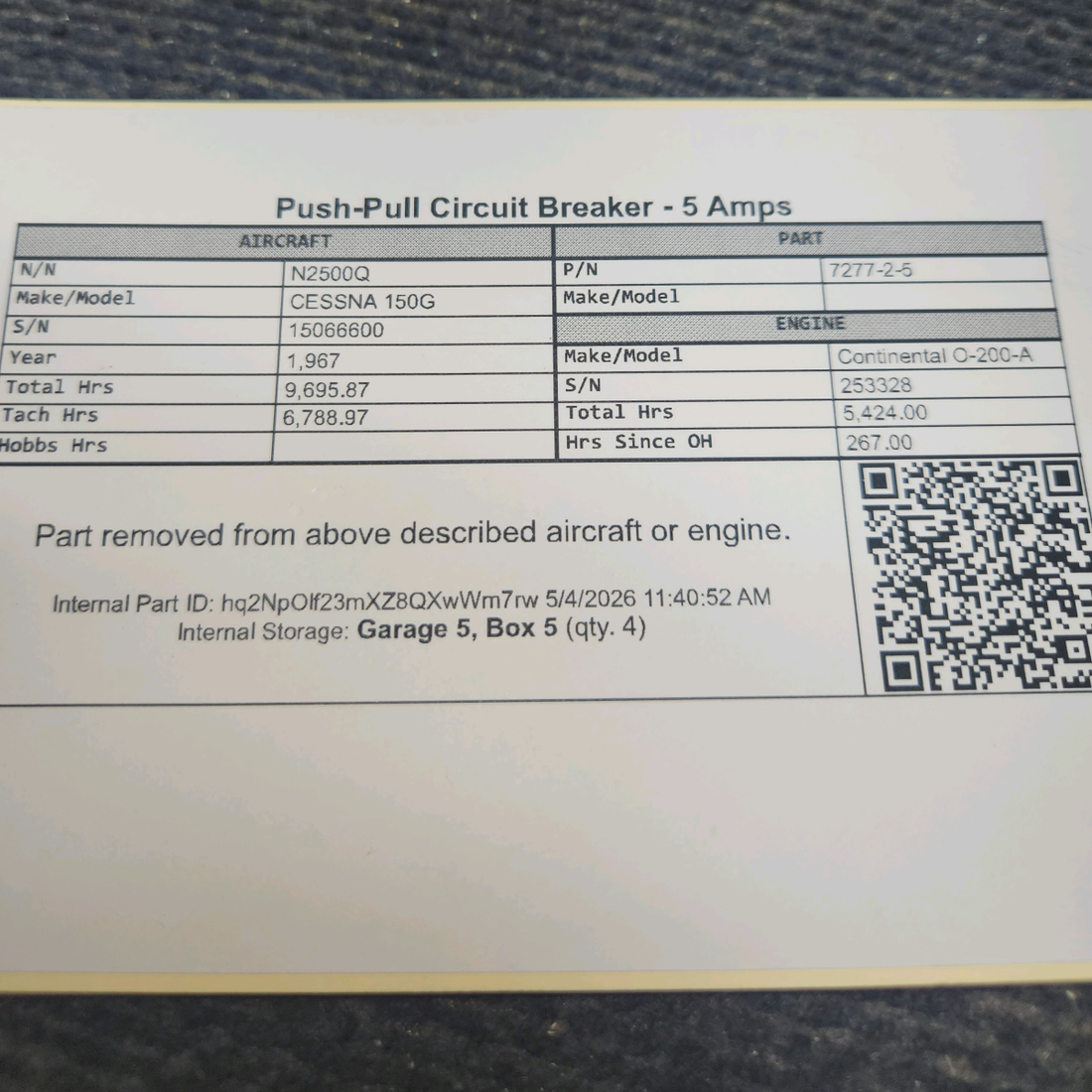 Used aircraft parts for sale, 7277-2-5 Klixon 7277 cessna 150G Push-Pull Circuit Breaker - 5 Amps