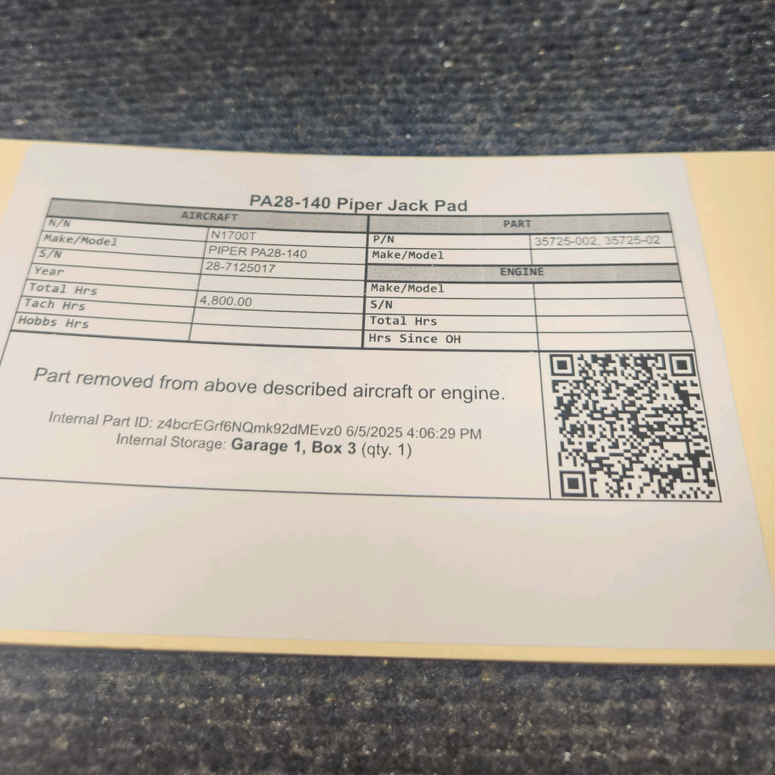 Used aircraft parts for sale, 35725-002 PIPER PA28-140 Jack Pad