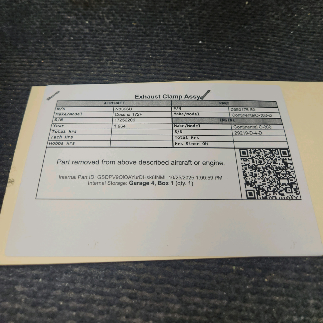 Used aircraft parts for sale, 0550176-50 Continental O-300-D Cessna 172F Exhaust Clamp Assy