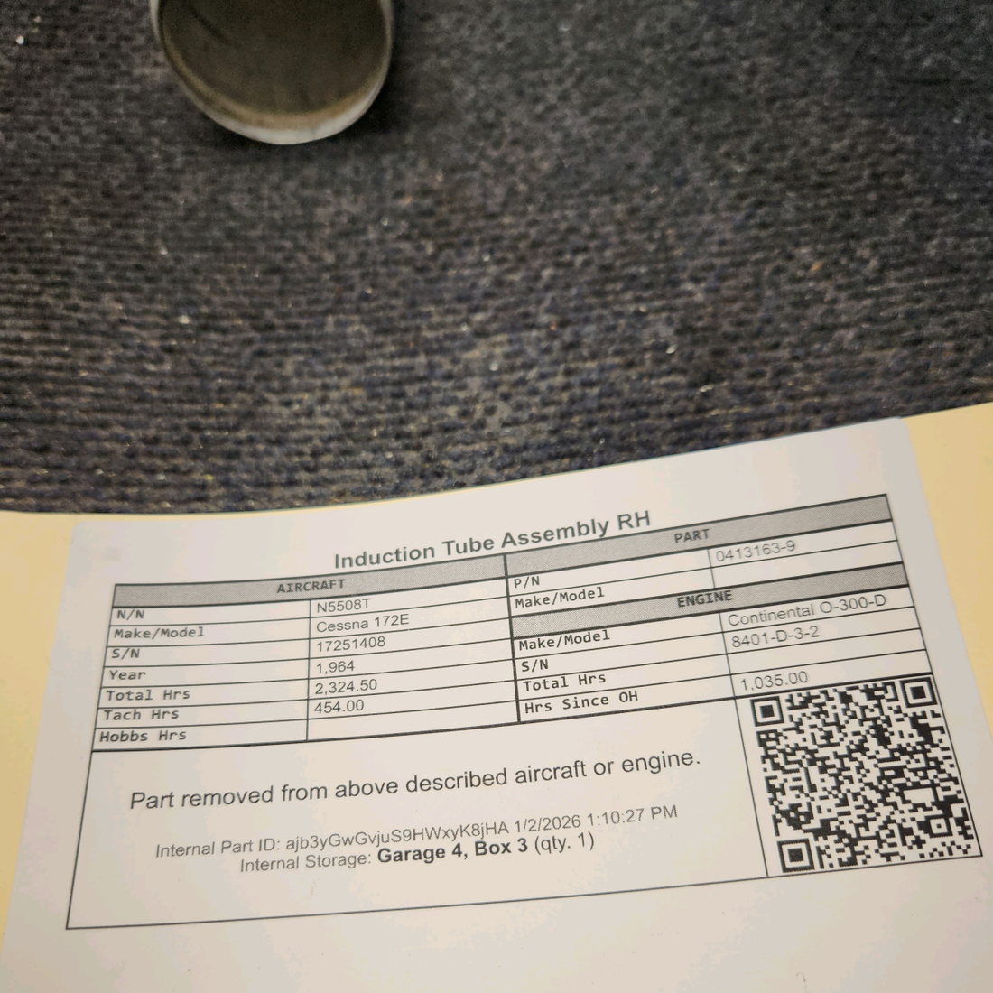 Used aircraft parts for sale, 0413163-9 Cessna 172E Induction Tube Assembly RH