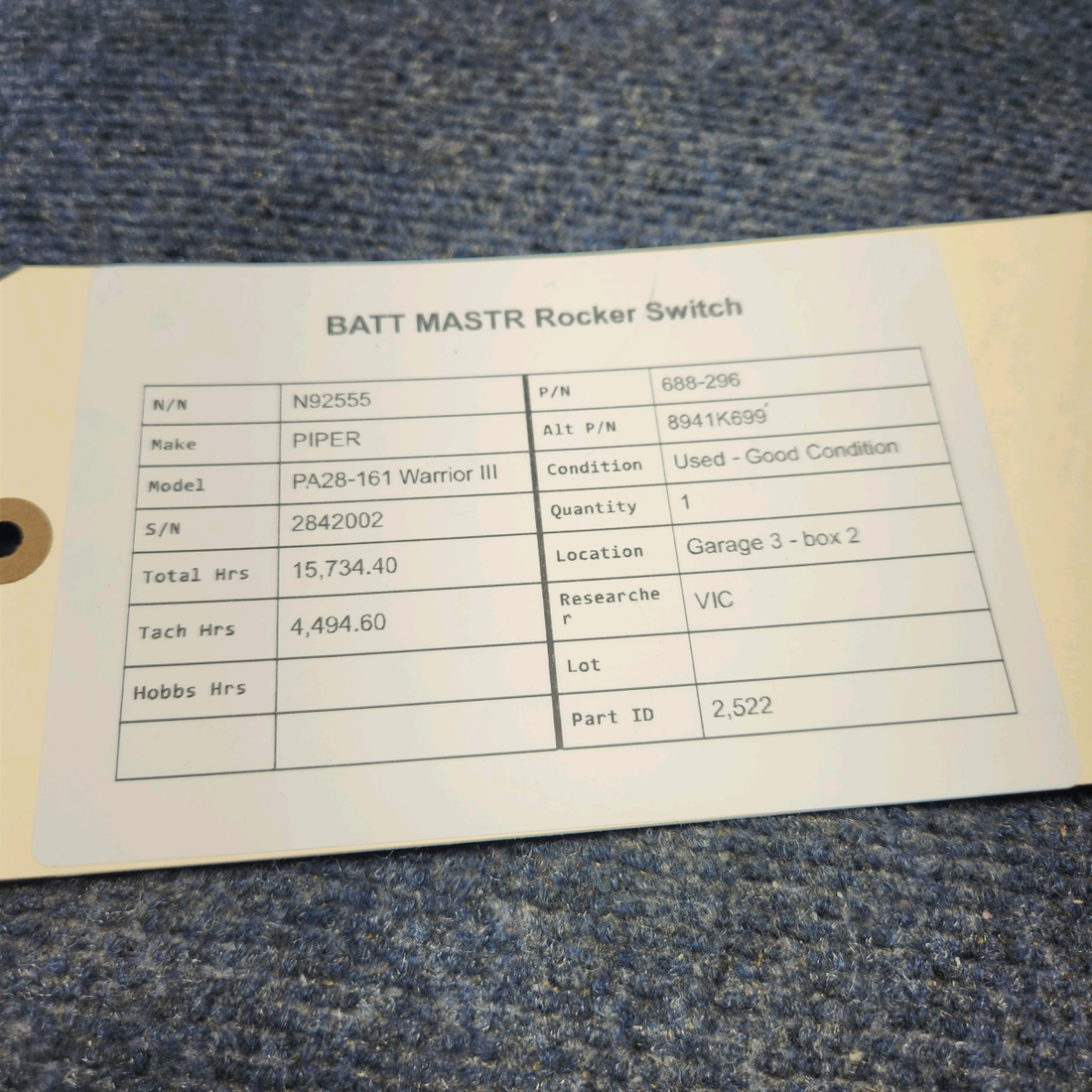 Used aircraft parts for sale, 688-296 PIPER PA28-161 Warrior III BATT MASTR ROCKER SWITCH