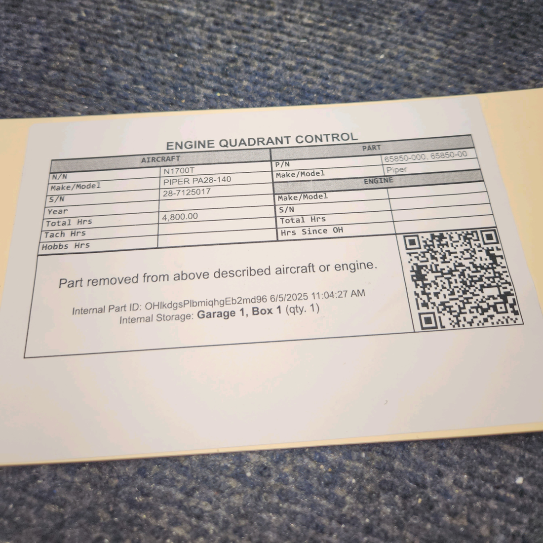 Used aircraft parts for sale, 65850-000 PIPER PA28-140 Engine Control Quadrant