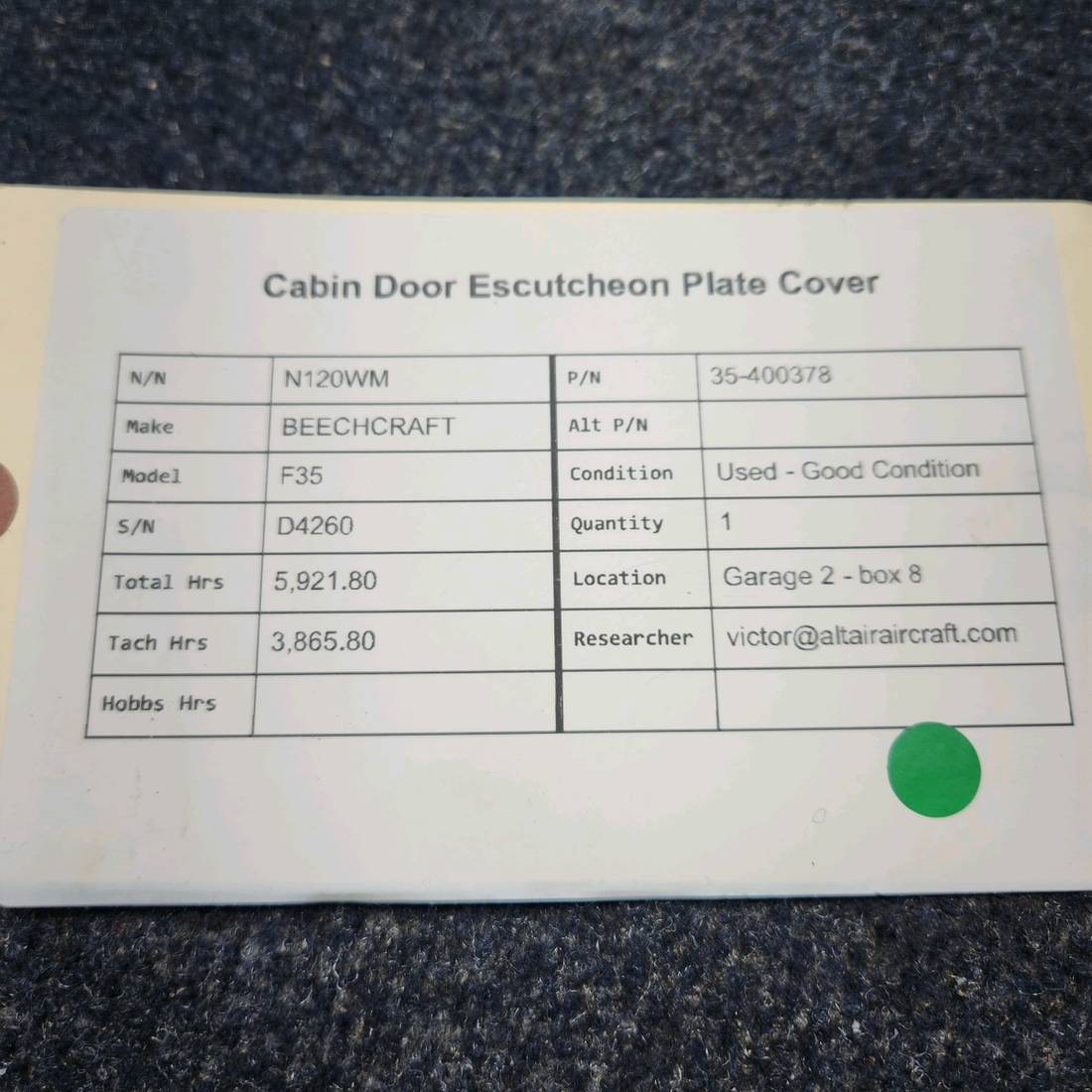 Used aircraft parts for sale, 35-400378 BEECHCRAFT F35 CABIN DOOR ESCUTCHEON PLATE COVER