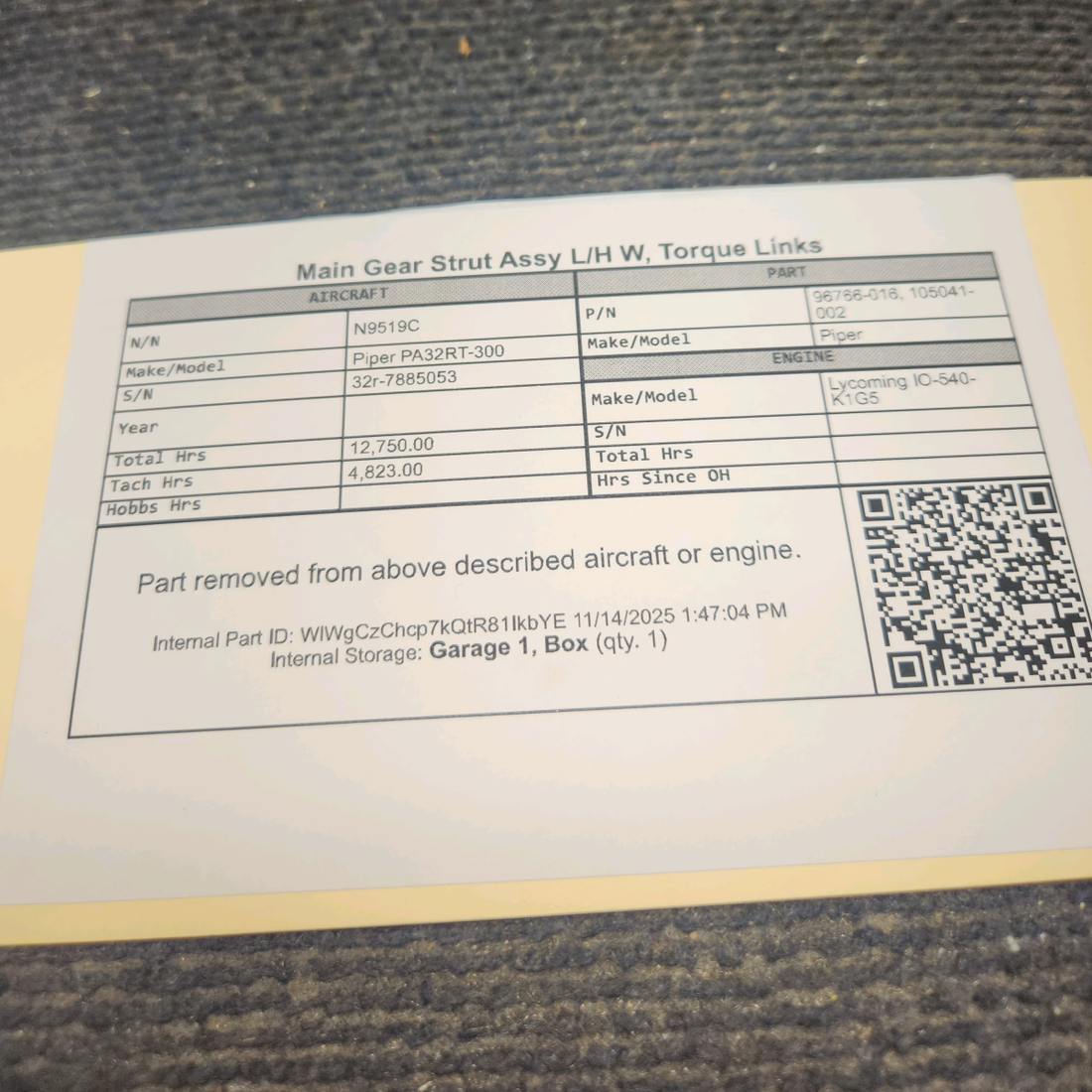 Used aircraft parts for sale, 96766-016 Piper PA32RT-300 Main Gear Strut Assembly with Torque Links  - LH