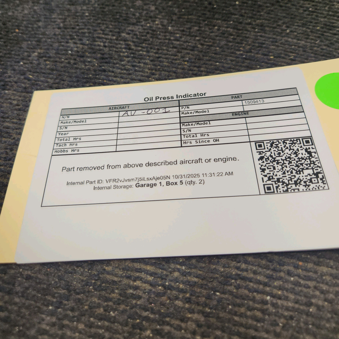 Used aircraft parts for sale, 1509413 Continental, Lycoming Oil Press Indicator